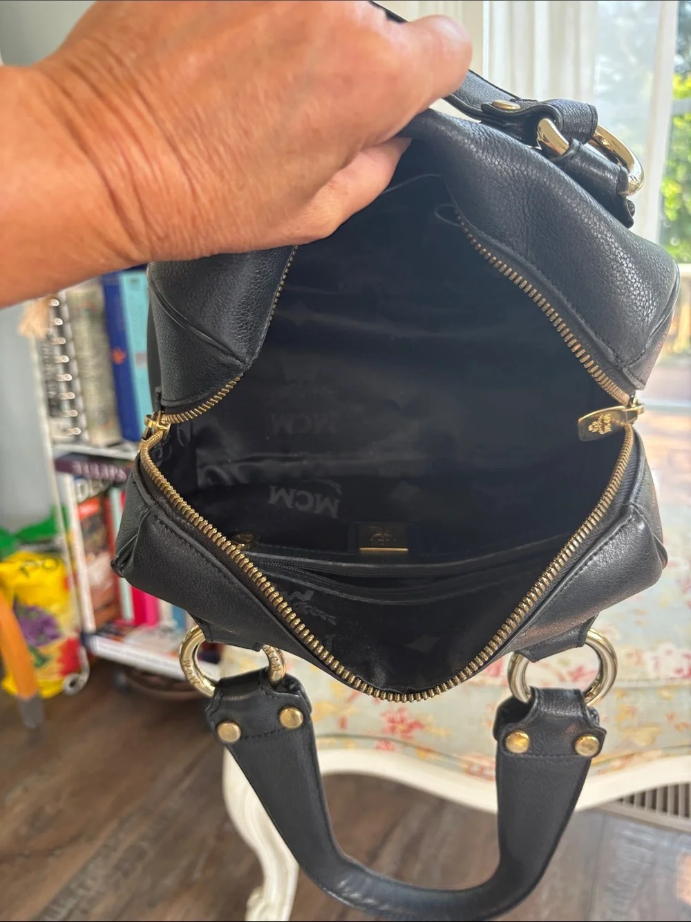 MCM Black Leather Satchel with Gold Hardware Accents